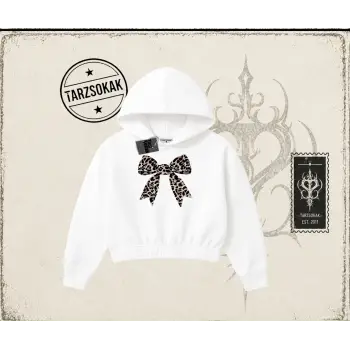 Kadın Leopar Kurdele Kadın Crop Kapşonlu Sweatshirt Beyaz