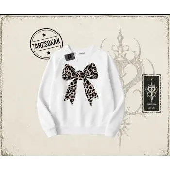 Kadın Leopar Kurdele Oversize Unisex Bisiklet Yaka Sweatshirt Beyaz