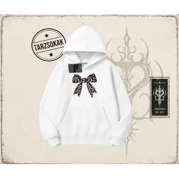 Kadın Leopar Kurdele Oversize Unisex Kapşonlu Sweatshirt Beyaz