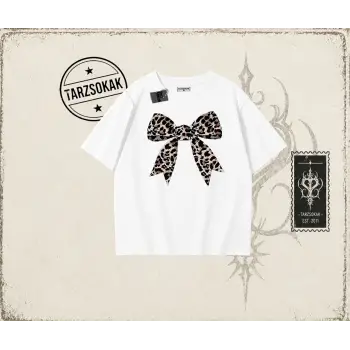 Kadın Leopar Kurdele Oversize Unisex Tişört Beyaz