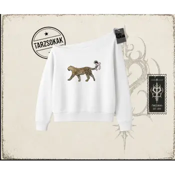 Kadın Leopar Kuyruk Kurdele Kadın Kayık Yaka Sweatshirt Beyaz
