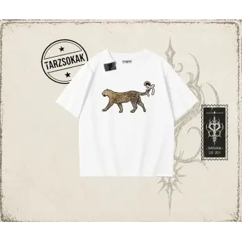 Kadın Leopar Kuyruk Kurdele Oversize Unisex Tişört Beyaz