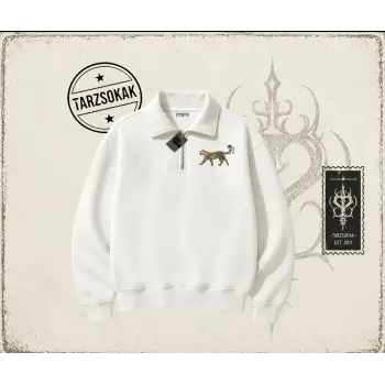 Kadın Leopar Kuyruk Kurdele Unisex Polo Yaka Yarım Fermuarlı Sweatshirt Beyaz