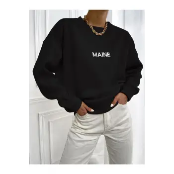 Kadın Maın Baskılı Oversize Bisiklet Yaka Sweatshirt Siyah