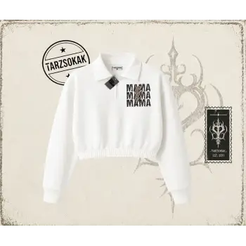 Kadın MamaMama Kadın Crop Polo Yaka Yarım Fermuarlı Sweatshirt Beyaz