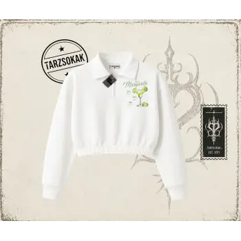 Kadın Margarita Kadın Crop Polo Yaka Yarım Fermuarlı Sweatshirt Beyaz
