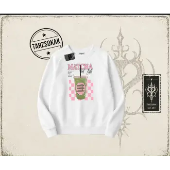 Kadın Matcha iced Latte Oversize Unisex Bisiklet Yaka Sweatshirt Beyaz