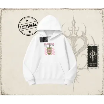 Kadın Matcha iced Latte Oversize Unisex Kapşonlu Sweatshirt Beyaz
