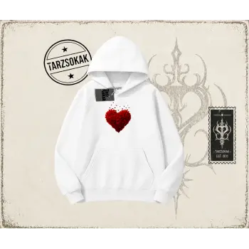 Kadın Minik Kalp Oversize Unisex Kapşonlu Sweatshirt Beyaz