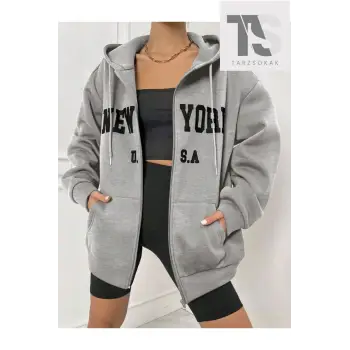 Kadın New York USA Baskılı Fermuarlı Cepli Kapşonlu Oversize Gri
