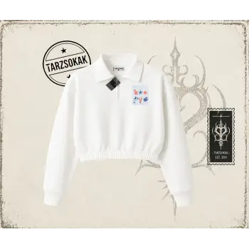 Kadın Ocean Like Kadın Crop Polo Yaka Yarım Fermuarlı Sweatshirt Beyaz
