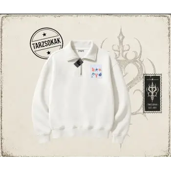 Kadın Ocean Like Unisex Polo Yaka Yarım Fermuarlı Sweatshirt Beyaz