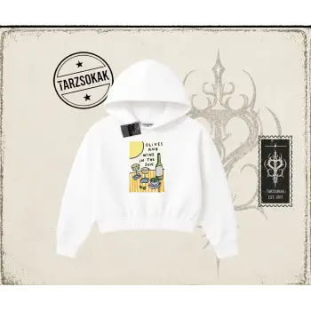 Kadın Olives and Wine Kadın Crop Kapşonlu Sweatshirt Beyaz