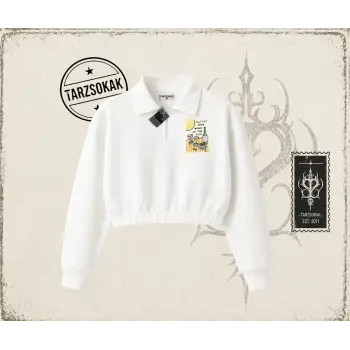 Kadın Olives and Wine Kadın Crop Polo Yaka Yarım Fermuarlı Sweatshirt Beyaz