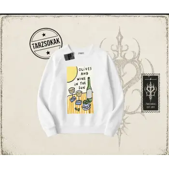 Kadın Olives and Wine Oversize Unisex Bisiklet Yaka Sweatshirt Beyaz