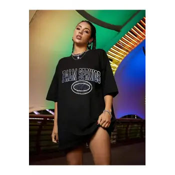 Kadın Palm Springs Siyah Baskılı Oversize Tshırt