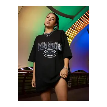 Kadın Palm Springs Siyah Baskılı Oversize Tshırt