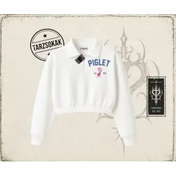 Kadın Piglet College Kadın Crop Polo Yaka Yarım Fermuarlı Sweatshirt Beyaz