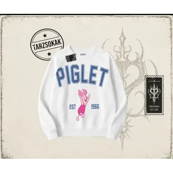 Kadın Piglet College Oversize Unisex Bisiklet Yaka Sweatshirt Beyaz