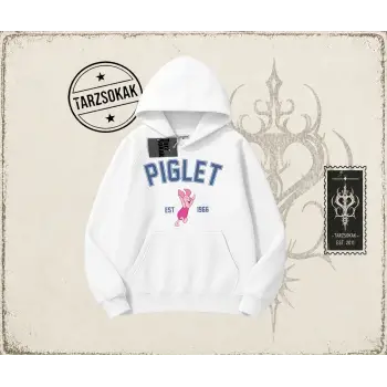 Kadın Piglet College Oversize Unisex Kapşonlu Sweatshirt Beyaz