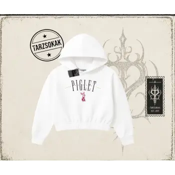 Kadın Piglet Since 1966 Kadın Crop Kapşonlu Sweatshirt Beyaz