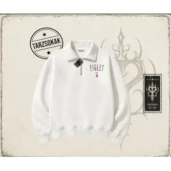 Kadın Piglet Since 1966 Unisex Polo Yaka Yarım Fermuarlı Sweatshirt Beyaz