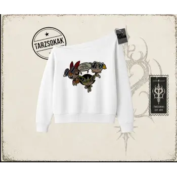 Kadın Powerpuff Girls Super Cutes Kadın Kayık Yaka Sweatshirt Beyaz