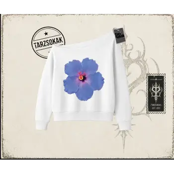 Kadın Purple Hibiscus Kadın Kayık Yaka Sweatshirt Beyaz
