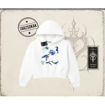 Kadın Sea Elements Kadın Crop Kapşonlu Sweatshirt Beyaz
