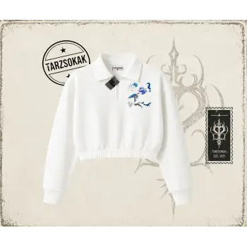 Kadın Sea Elements Kadın Crop Polo Yaka Yarım Fermuarlı Sweatshirt Beyaz