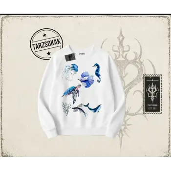 Kadın Sea Elements Oversize Unisex Bisiklet Yaka Sweatshirt Beyaz