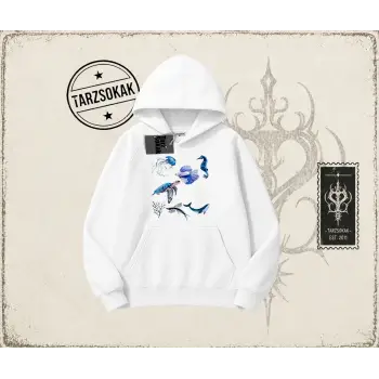 Kadın Sea Elements Oversize Unisex Kapşonlu Sweatshirt Beyaz