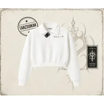 Kadın Sea Shells Kadın Crop Polo Yaka Yarım Fermuarlı Sweatshirt Beyaz