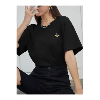Kadın Siyah Airplane Baskılı Oversize T-shirt