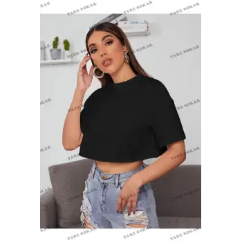 Kadın Siyah Bisiklet Yaka Oversize Crop