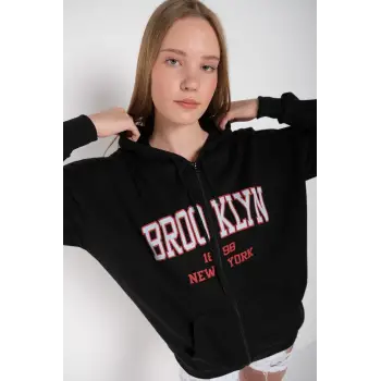 Kadın Siyah Brooklyn Baskılı Oversize Hırka brooklynhırka