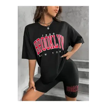 Kadın Siyah Brooklyn Bisiklet Yaka Tshirt