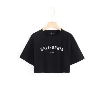 Kadın Siyah California Baskılı Oversize Crop