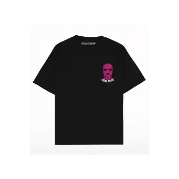 Kadın Siyah Crlınk Thread Baskılı Oversize Bisiklet Yaka Tshirt