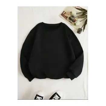 Kadın Siyah Düz Bisiklet Yaka Sweatshirt TS-BASKSZBSKLTKS