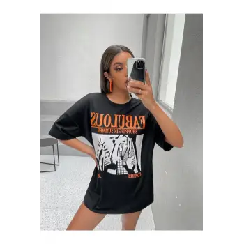 Kadın Siyah Fabulous Baskılı Oversize Bisiklet Yaka Tshirt