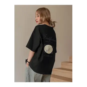 Kadın Siyah Fructification Baskılı Oversize T-shirt