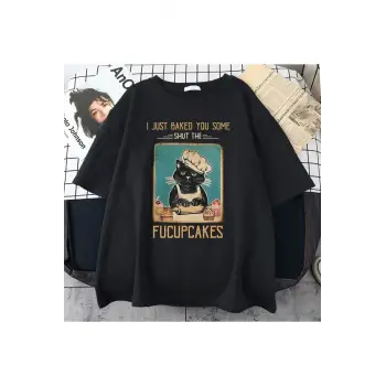 Kadın Siyah Fucupcakes Baskılı Oversize Bisiklet Yaka Tshirt