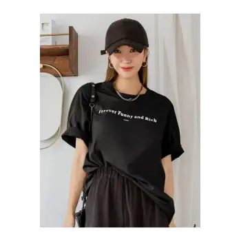 Kadın Siyah Funny Baskılı Oversize T-shirt
