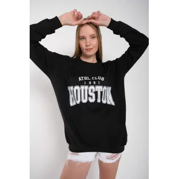 Kadın Siyah Houston Baskılı Bisiklet Yaka Oversize Sweatshirt mdgnhouston