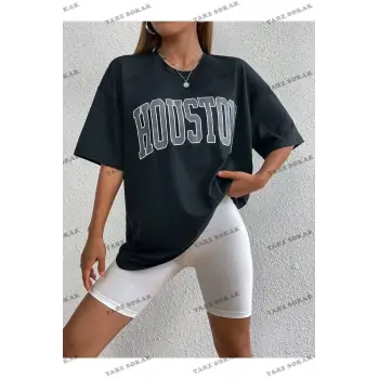 Kadın Siyah Houston Baskılı Oversize
