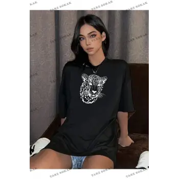 Kadın Siyah Leopar Figür Baskılı Oversize