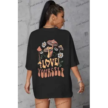 Kadın Siyah Love Yourself Baskılı Oversize