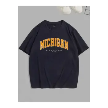 Kadın Siyah Mıchıgan Baskılı Oversize Bisiklet Yaka Tshirt