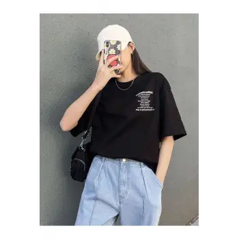 Kadın Siyah Nothing For Nothing Baskılı Oversize T-shirt